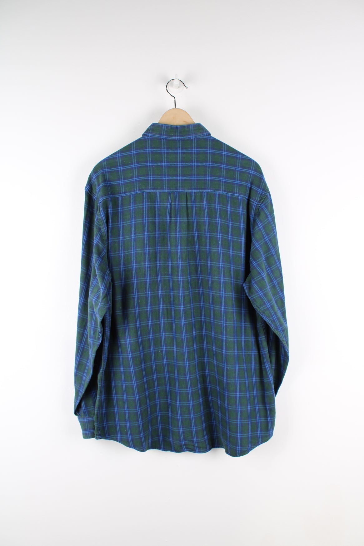 Ralph Lauren green and blue plaid button up shirt with signature embroidered logo on the chest.