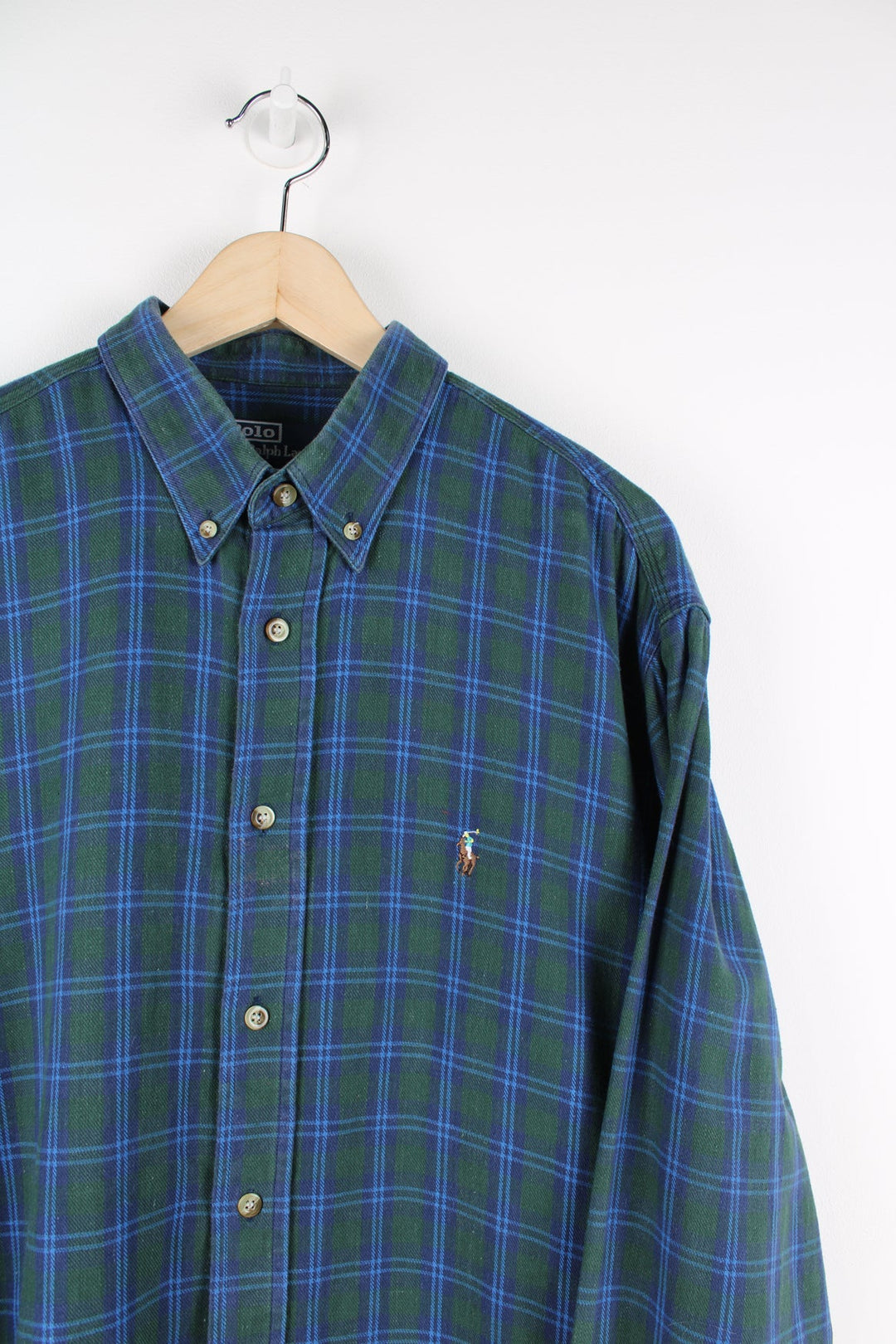 Ralph Lauren green and blue plaid button up shirt with signature embroidered logo on the chest.