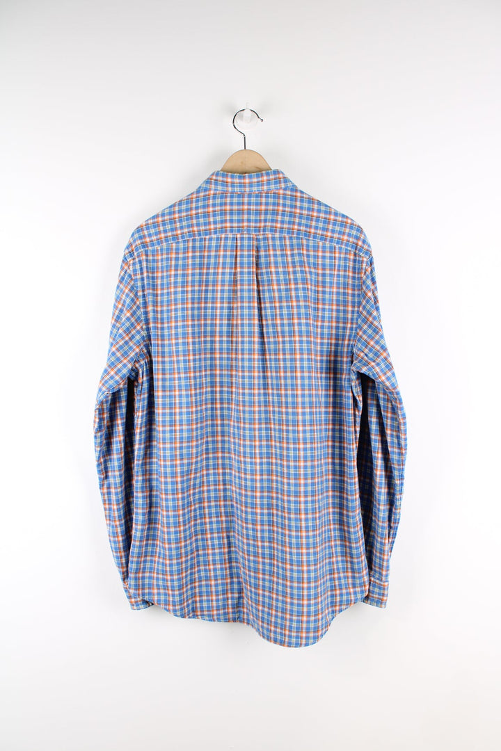 Ralph Lauren blue and orange plaid shirt with embroidered logo on the chest.