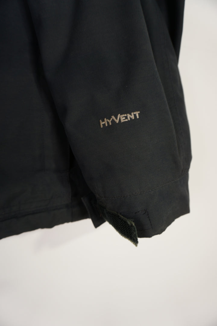 All black The North Face zip through HyVent jacket with embroidered logo, multiple pockets and detachable hood