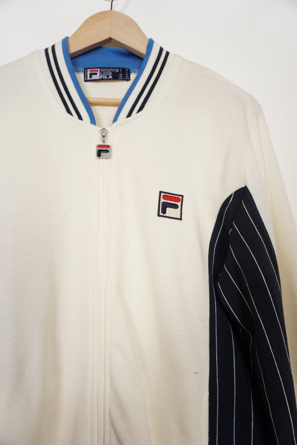 Vintage Fila White Line tracksuit top in cream with embroidered logo and pinstriped details