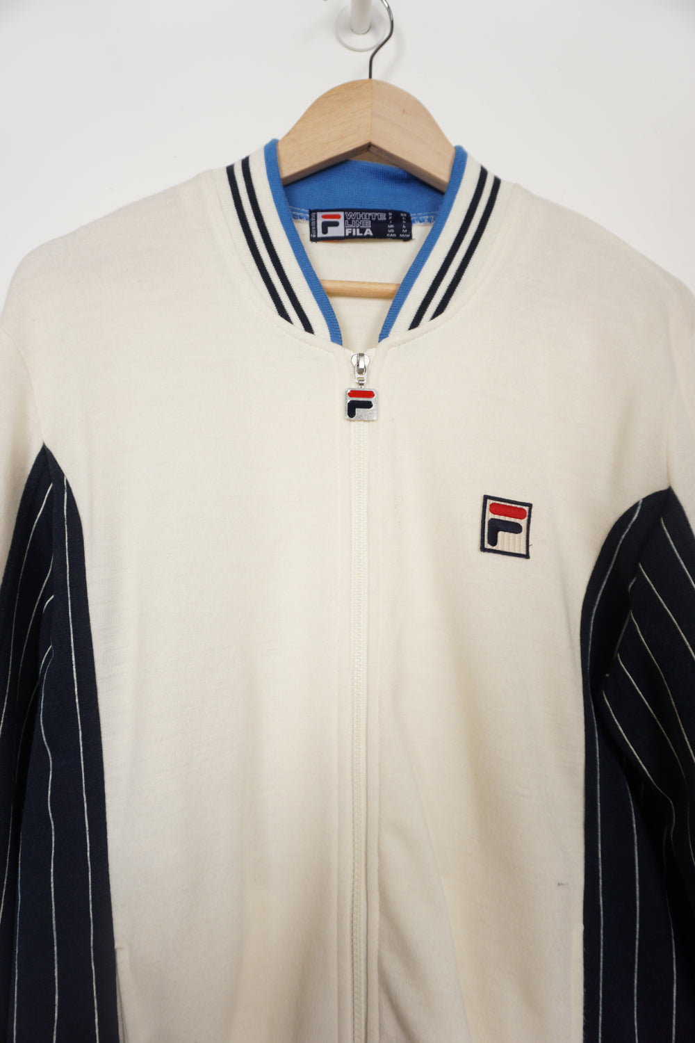 Vintage Fila White Line tracksuit top in cream with embroidered logo and pinstriped details