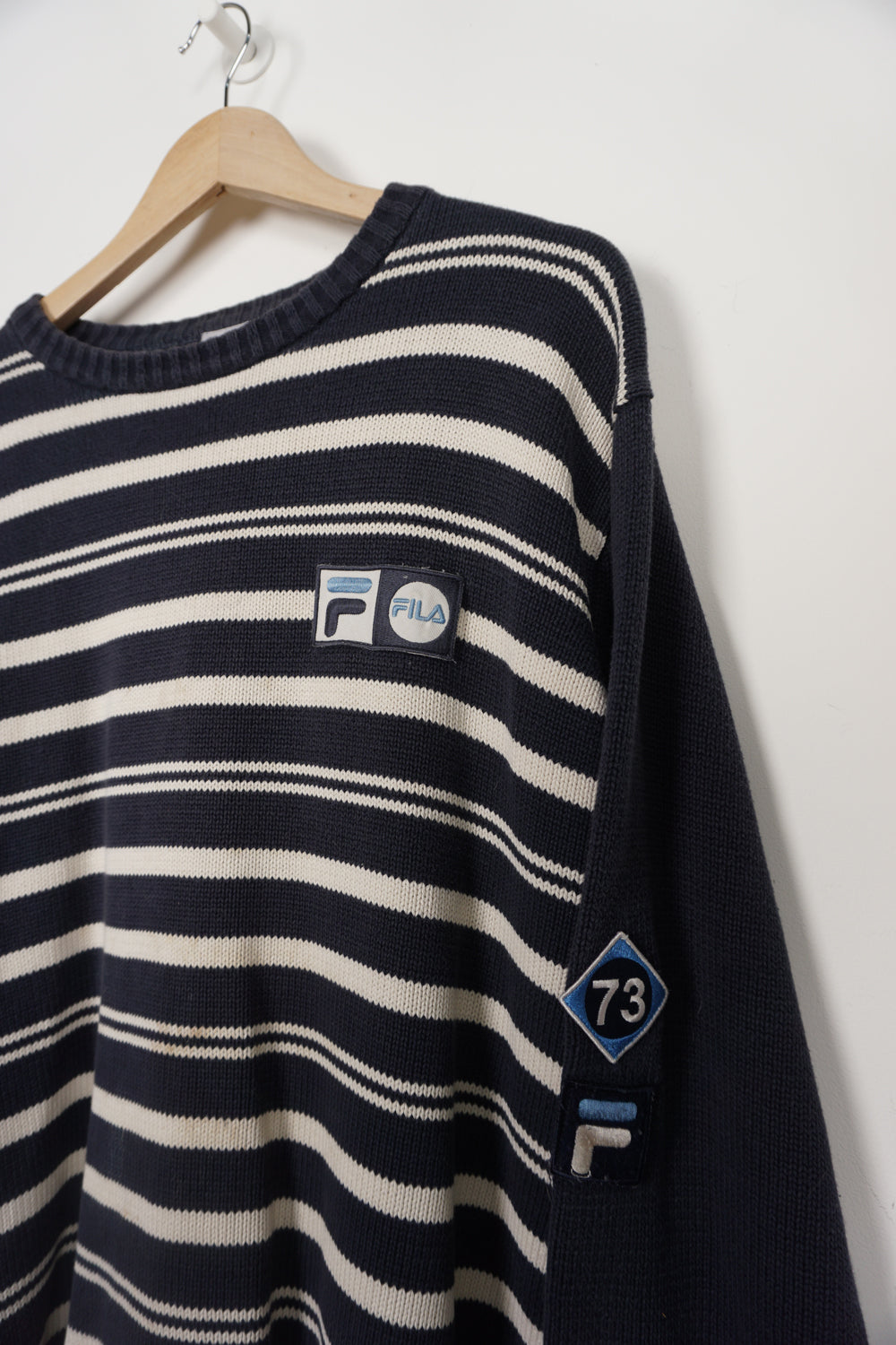 Navy blue Fila knit striped jumper with embroidered logos on the chest and sleeves