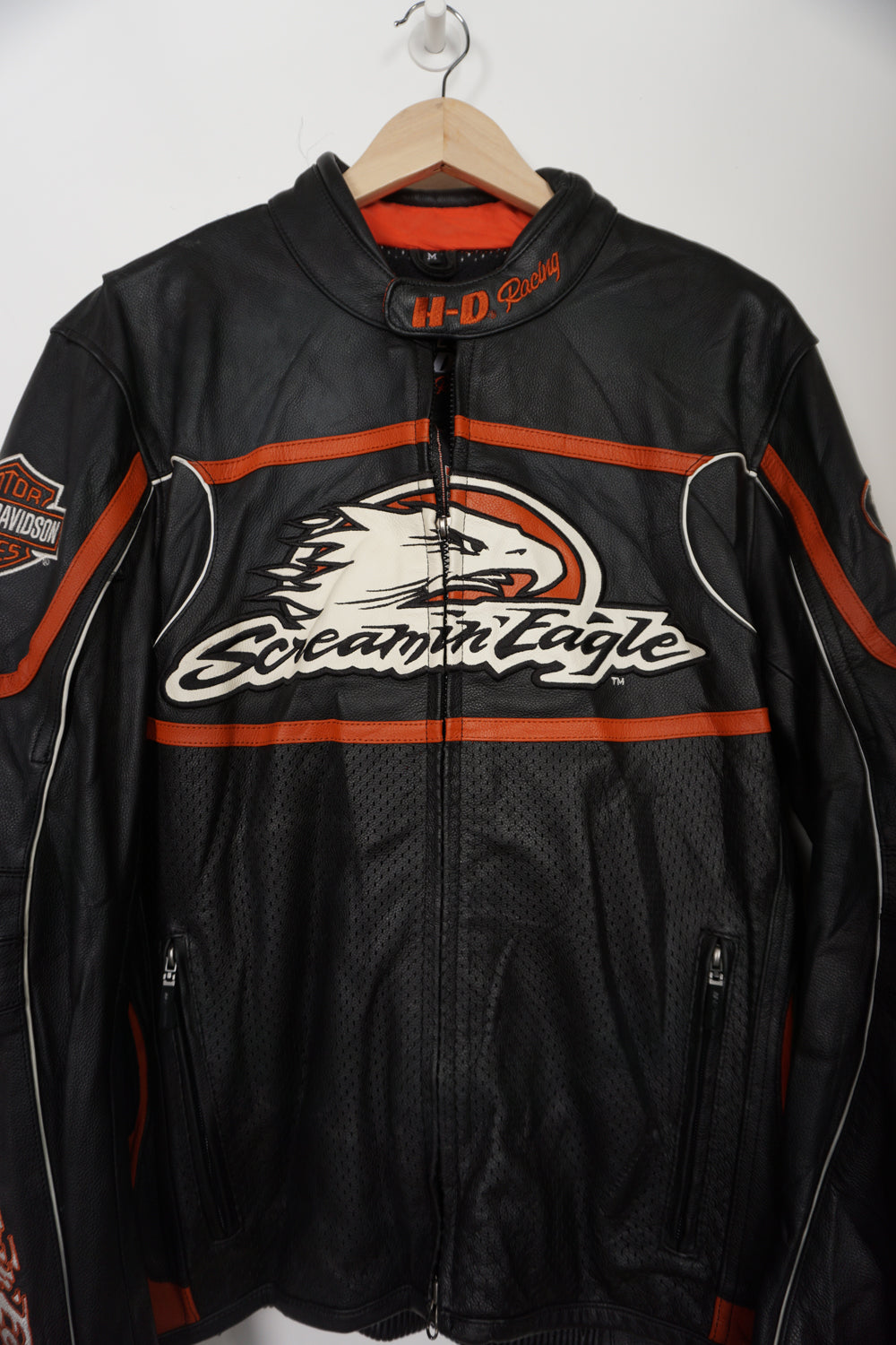 Harley Davidson 'Screamin Eagle' black leather raceway jacket with embroidered details, removable padding and multiple pockets 