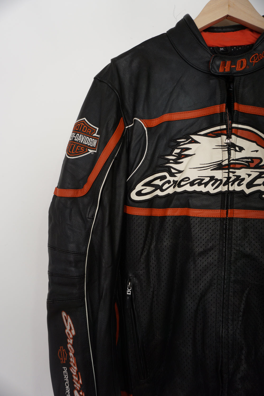 Harley Davidson 'Screamin Eagle' black leather raceway jacket with embroidered details, removable padding and multiple pockets 