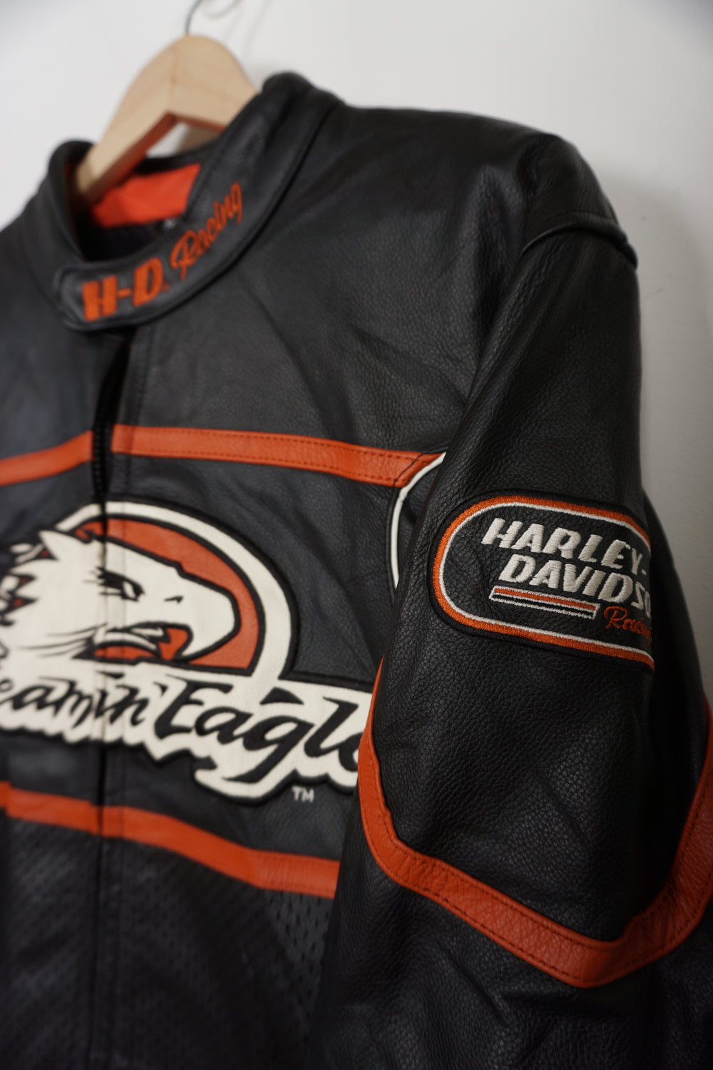 Harley Davidson 'Screamin Eagle' black leather raceway jacket with embroidered details, removable padding and multiple pockets 