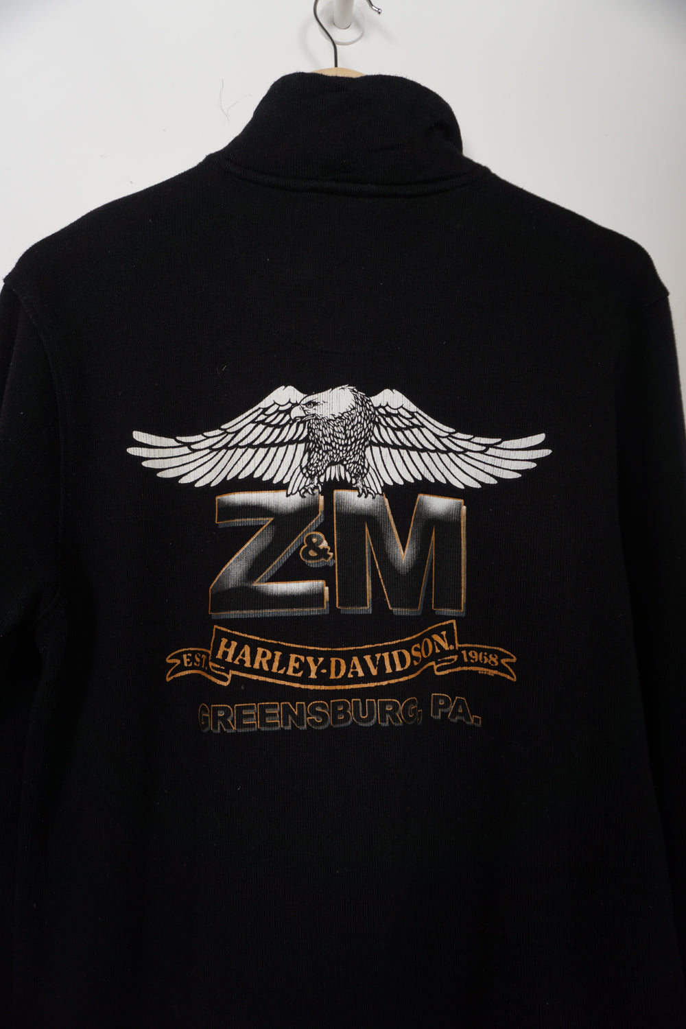 Black Harley Davidson turtle neck sweatshirt with 1/4 zip and printed eagle motif on the back 