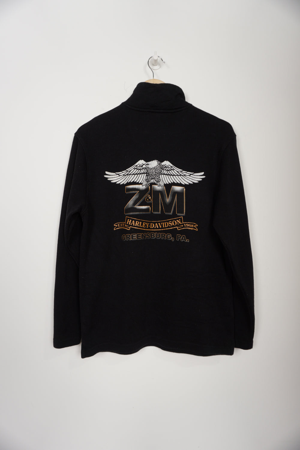 Black Harley Davidson turtle neck sweatshirt with 1/4 zip and printed eagle motif on the back 