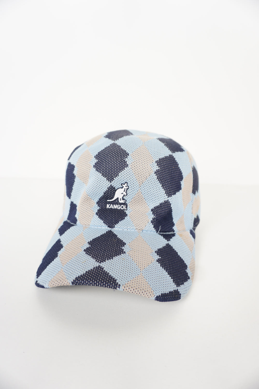 Vintage Kangol baby blue argyle patterned cap with embroidered logo on the front