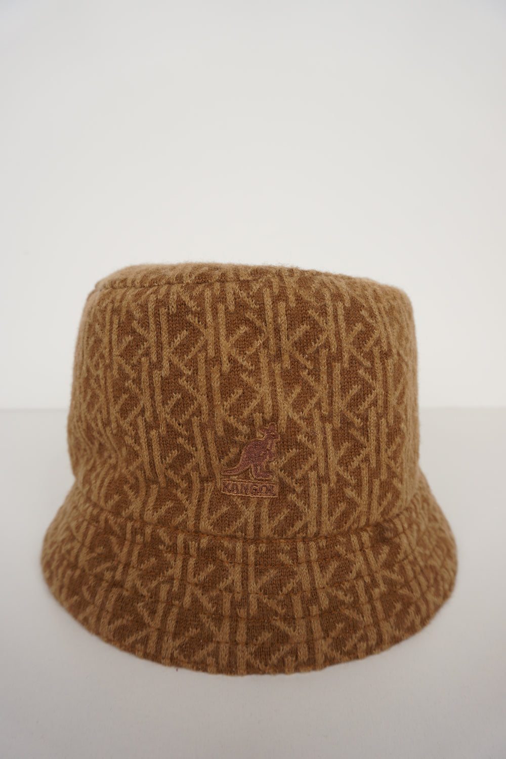 Vintage brown Kangol all over print wool bucket hat with embroidered logo on the front