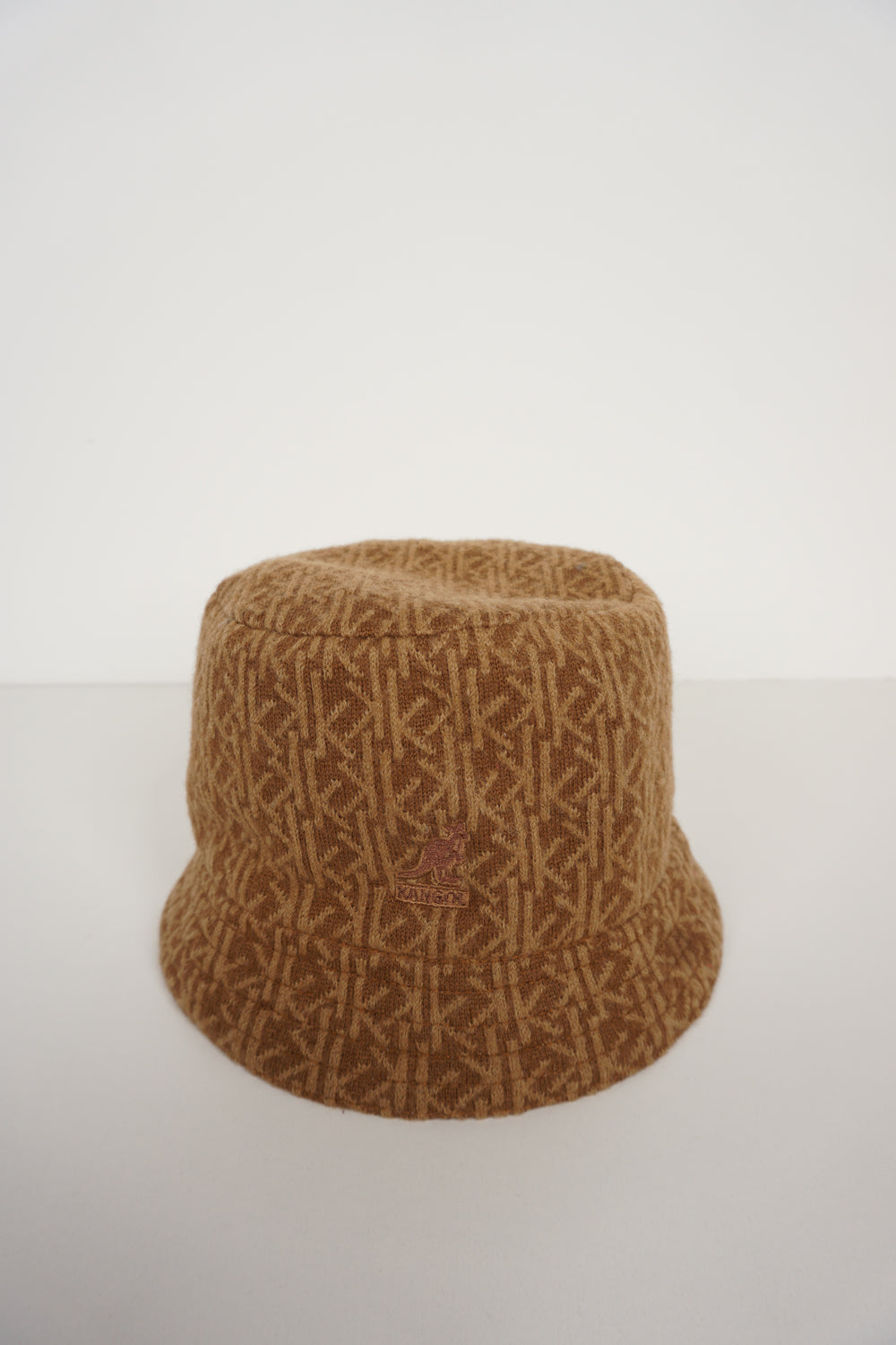 Vintage brown Kangol all over print wool bucket hat with embroidered logo on the front