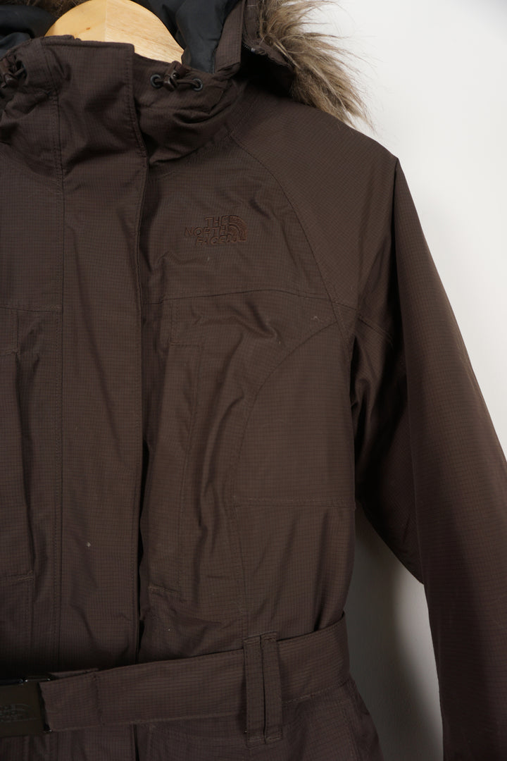 The North Face brown Hyvent coat with belt, hood and multiple pockets 