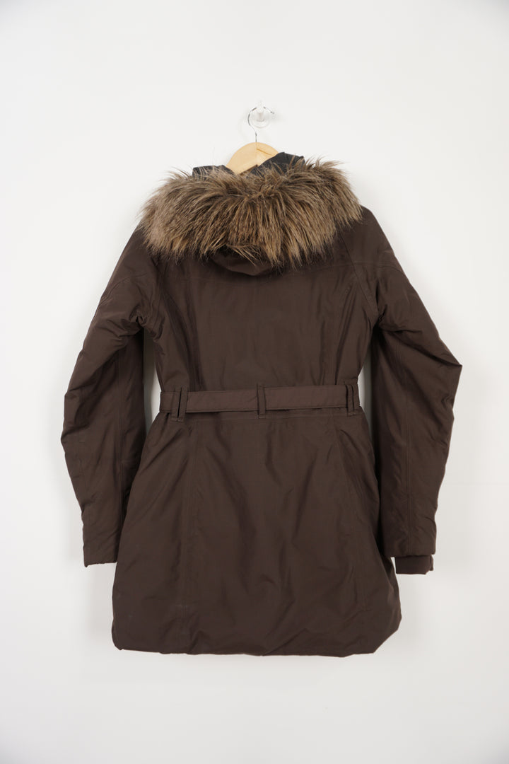 The North Face brown Hyvent coat with belt, hood and multiple pockets 