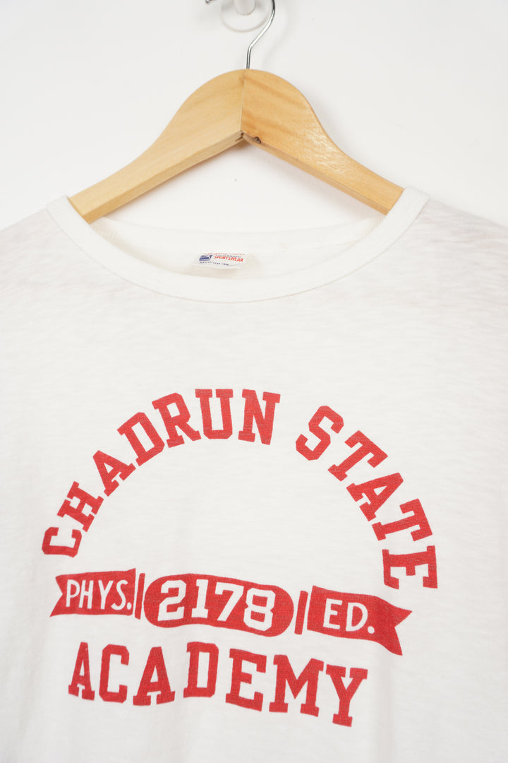 Chadrun State Academy Phys. Ed. White Ringer Tee, Screen Printer lettering, stitched Champion logo on sleeve. Vintage 1960s Champion processed sportswear tag in collar Size in Label: M