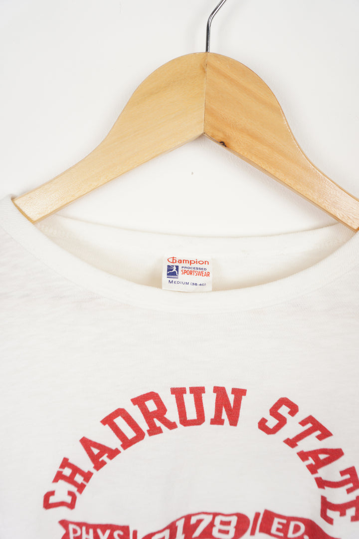 Chadrun State Academy Phys. Ed. White Ringer Tee, Screen Printer lettering, stitched Champion logo on sleeve. Vintage 1960s Champion processed sportswear tag in collar Size in Label: M