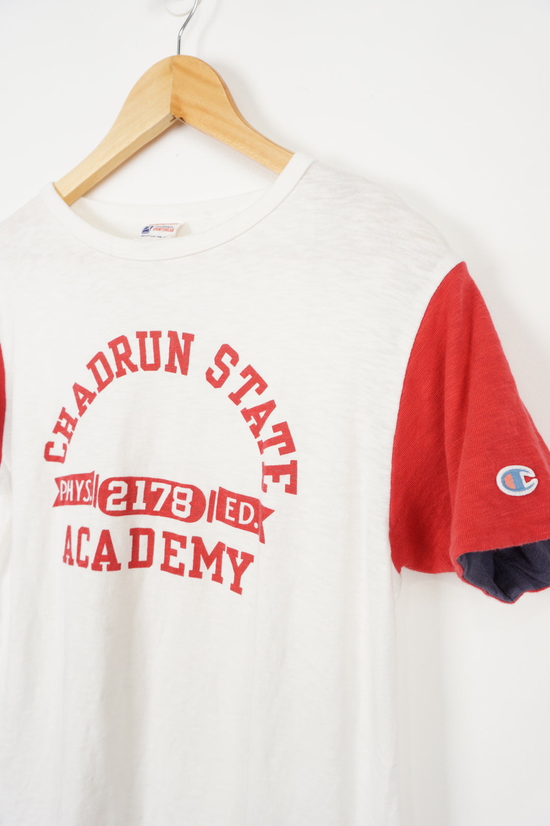 Chadrun State Academy Phys. Ed. White Ringer Tee, Screen Printer lettering, stitched Champion logo on sleeve. Vintage 1960s Champion processed sportswear tag in collar Size in Label: M