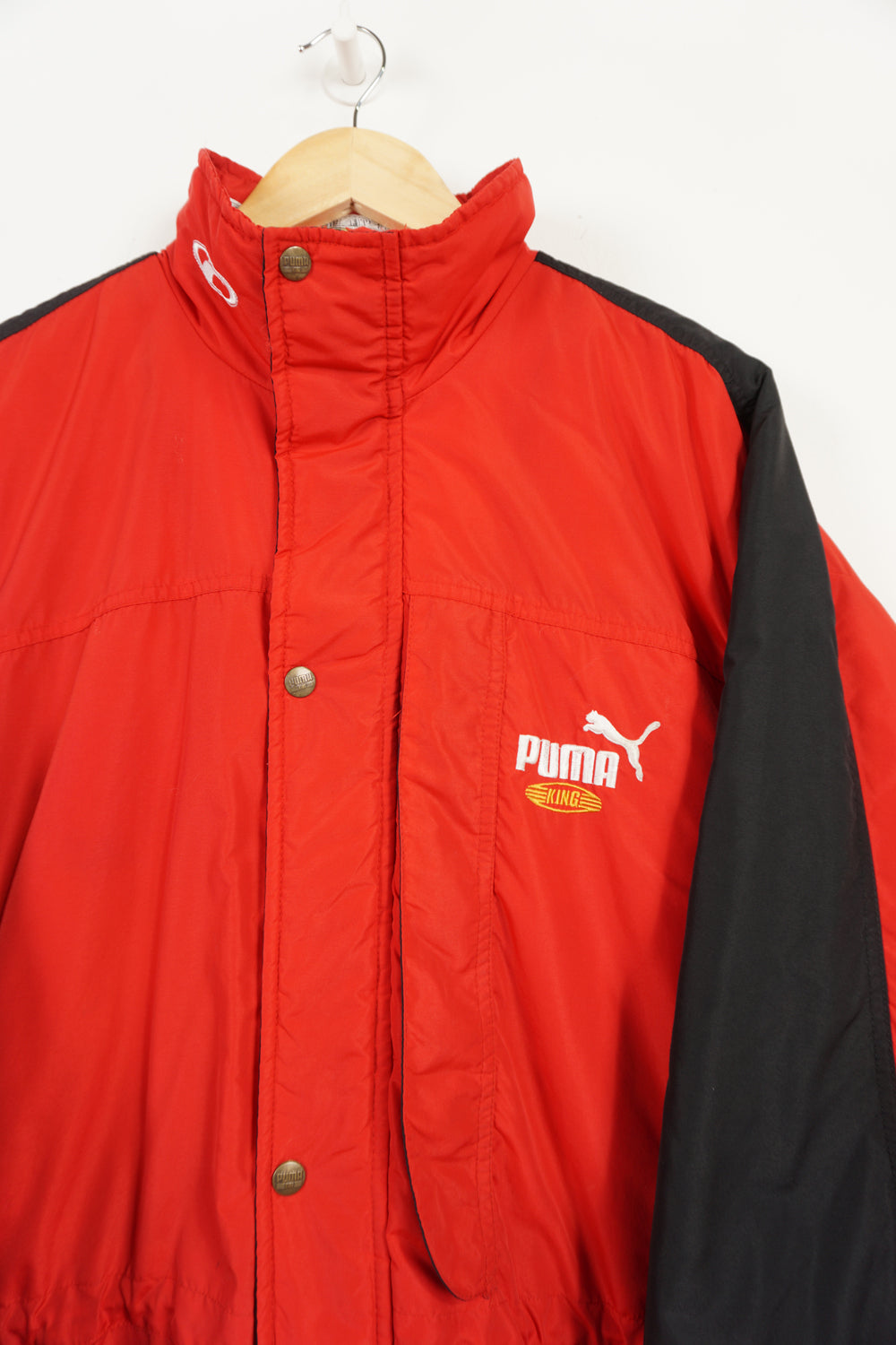 Vintage 90s Red Puma King puffer coat with embroidered logo on the chest, foldaway hood, and printed logo graphic on reverse good condition: Size in Label: M