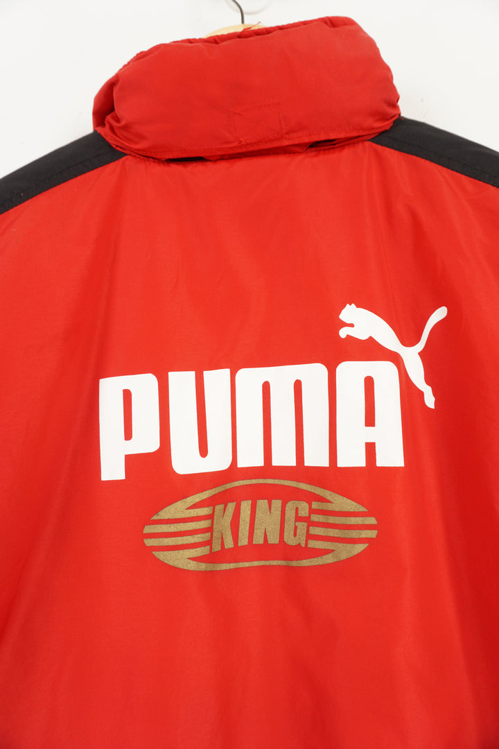 Vintage 90s Red Puma King puffer coat with embroidered logo on the chest, foldaway hood, and printed logo graphic on reverse good condition: Size in Label: M