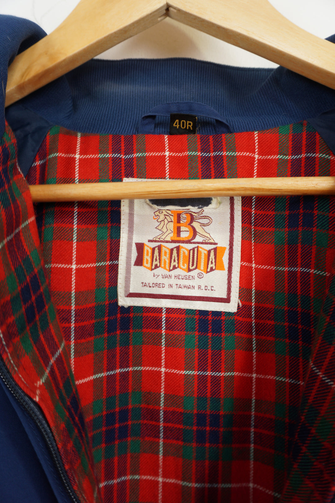 Royal Blue Baracuta Harrington Jacket, with elasticated waist and cuffs, red plaid lining