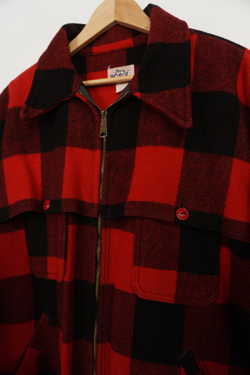 Vintage Woolrich red & black Buffalo Plaid wool zip through CPO jacket with multiple pockets 