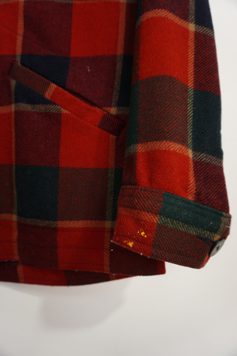 Vintage Pendleton red & black Buffalo plaid wool button up CPO jacket with multiple pockets 