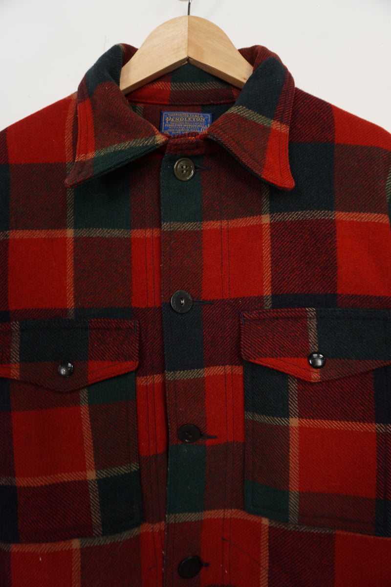 Vintage Pendleton red & black Buffalo plaid wool button up CPO jacket with multiple pockets 