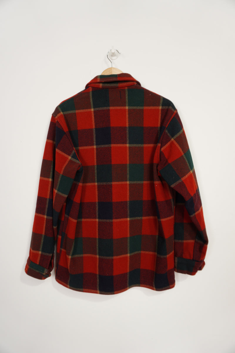 Vintage Pendleton red & black Buffalo plaid wool button up CPO jacket with multiple pockets 