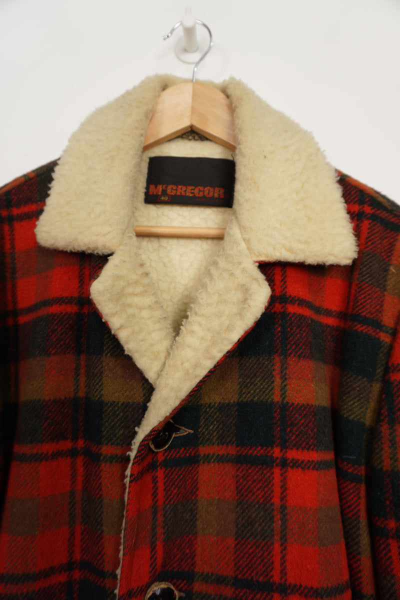 Vintage McGregor red & green plaid wool button up CPO jacket with multiple pockets, fleece lining and leather buttons