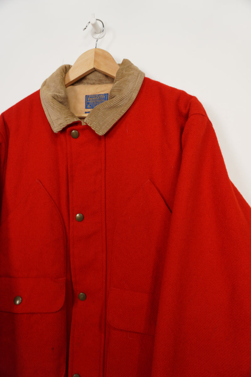 Vintage Pendleton red wool hunting jacket with multiple pockets and corduroy collar