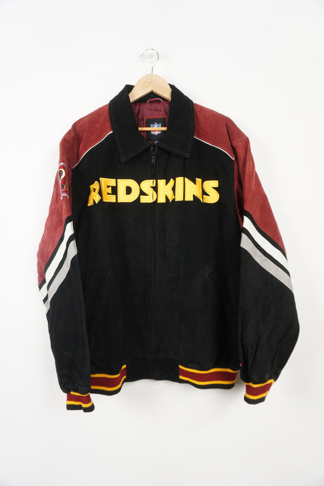 Vintage red and black suede, Washington Red Skins bomber jacket with embroidered details on the front and back