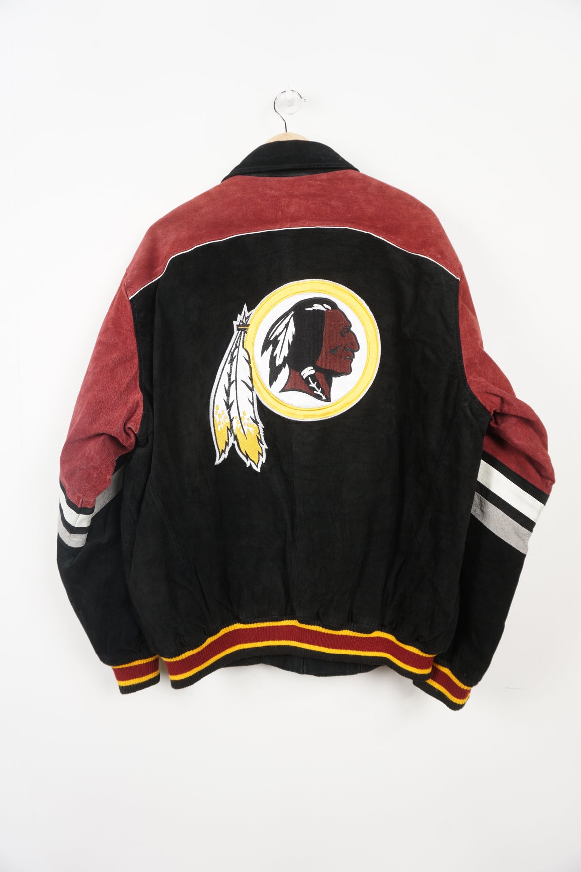 Vintage red and black suede, Washington Red Skins bomber jacket with embroidered details on the front and back