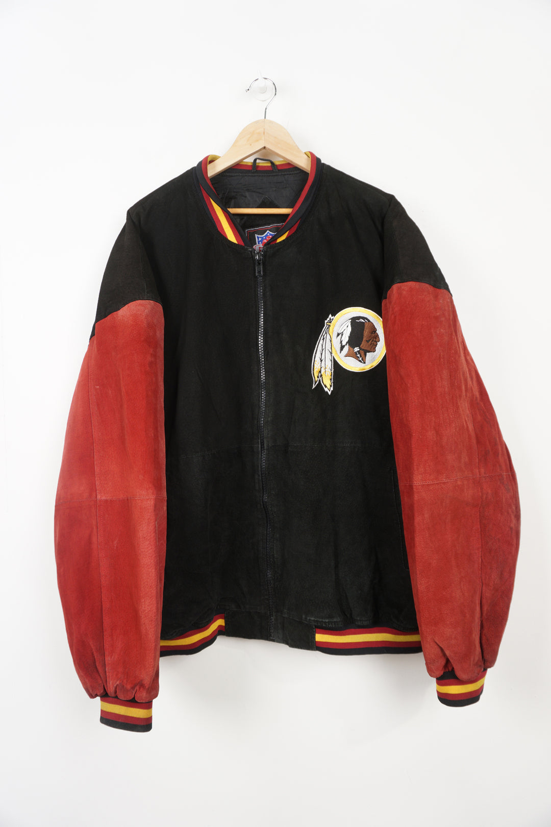 Vintage red and black suede, Washington Red Skins bomber jacket with embroidered details on the front and back