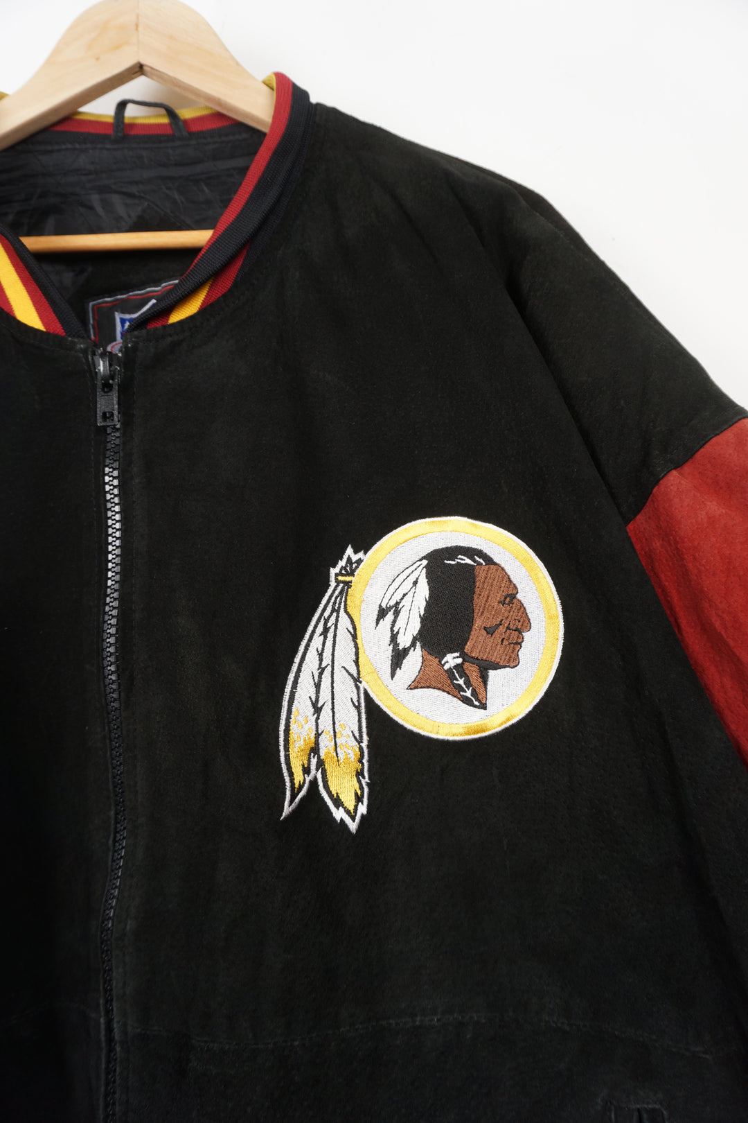 Vintage red and black suede, Washington Red Skins bomber jacket with embroidered details on the front and back