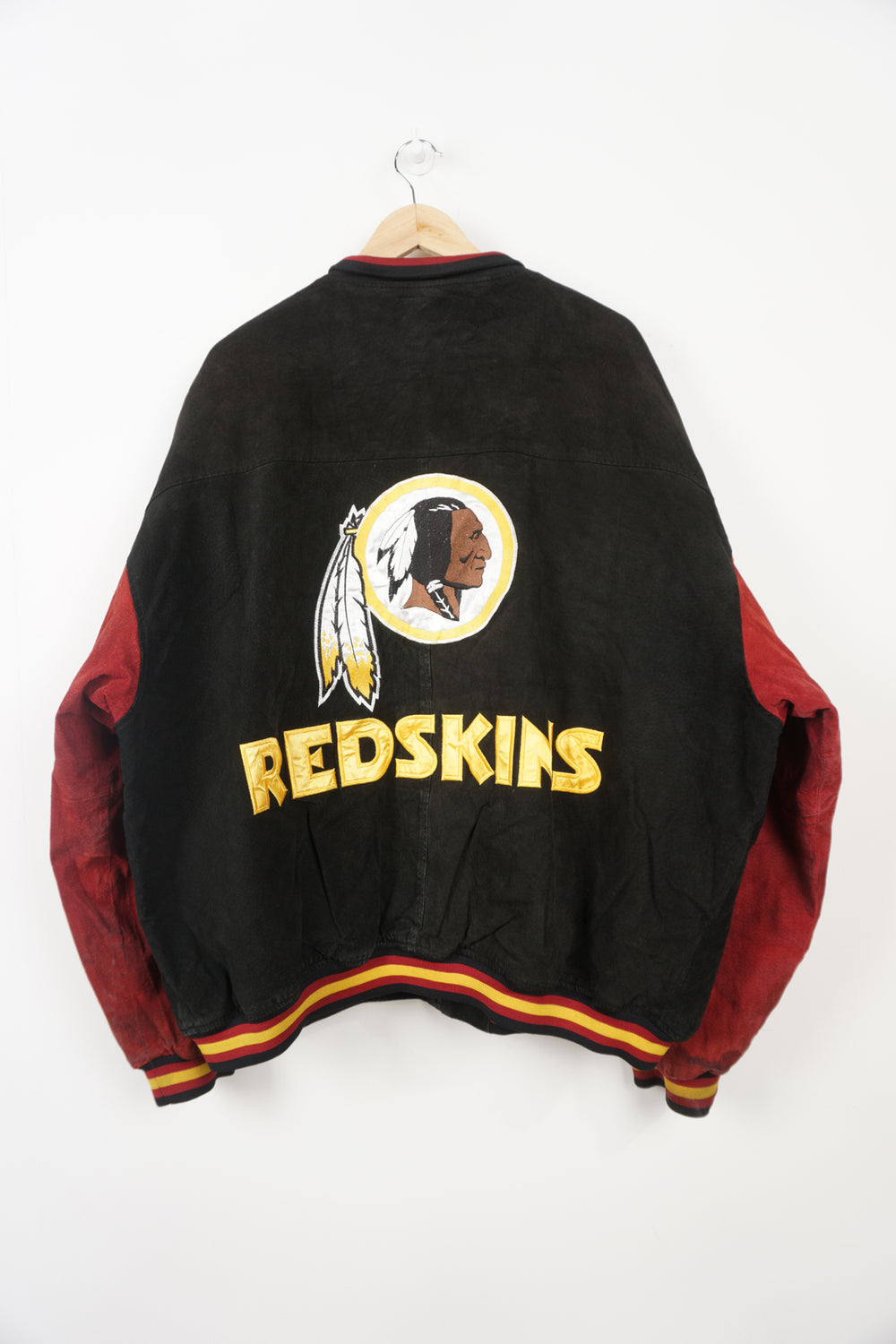 Vintage red and black suede, Washington Red Skins bomber jacket with embroidered details on the front and back