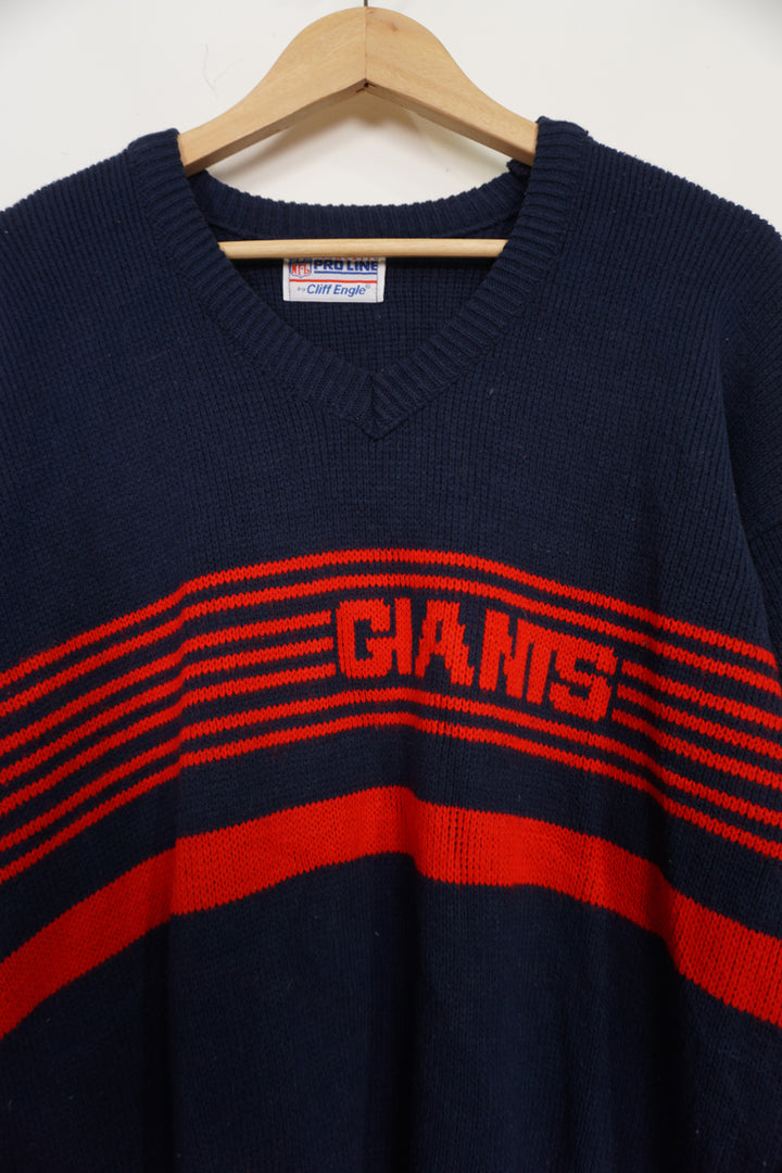 1980's Vintage NFL Pro Line New York Giants navy blue v neck wool jumper with spell-out details on the front