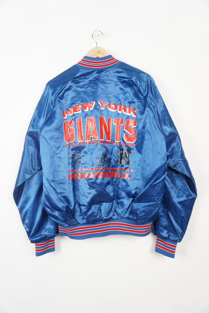 Vintage Chalk Line, New York Giants blue satin bomber jacket with spell-out details on the chest and back 