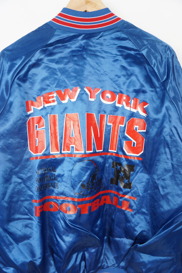 Vintage Chalk Line, New York Giants blue satin bomber jacket with spell-out details on the chest and back 