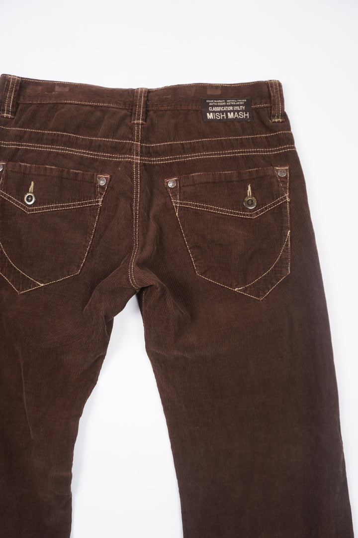 Vintage 00s Mish Mash brown corduroy slightly flared trousers with contrast stitching