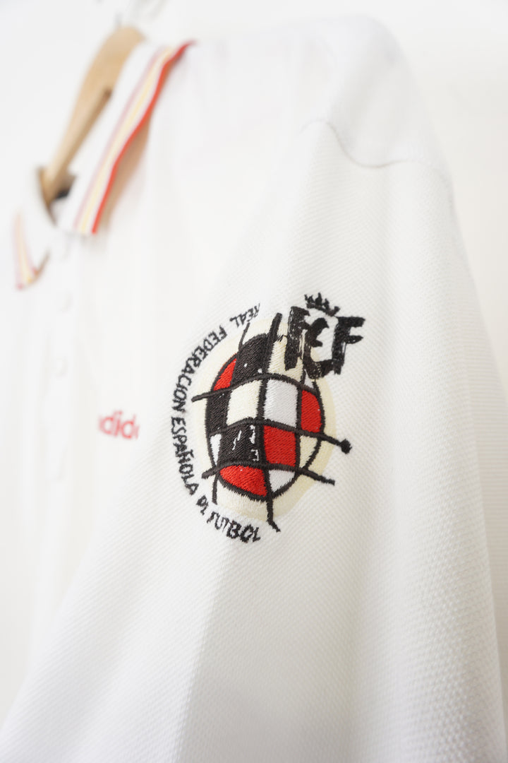 All white Adidas FCF Royal Spanish Football Federation / Real Federación Española polo shirt with embroidered logos on the chest and sleeve 