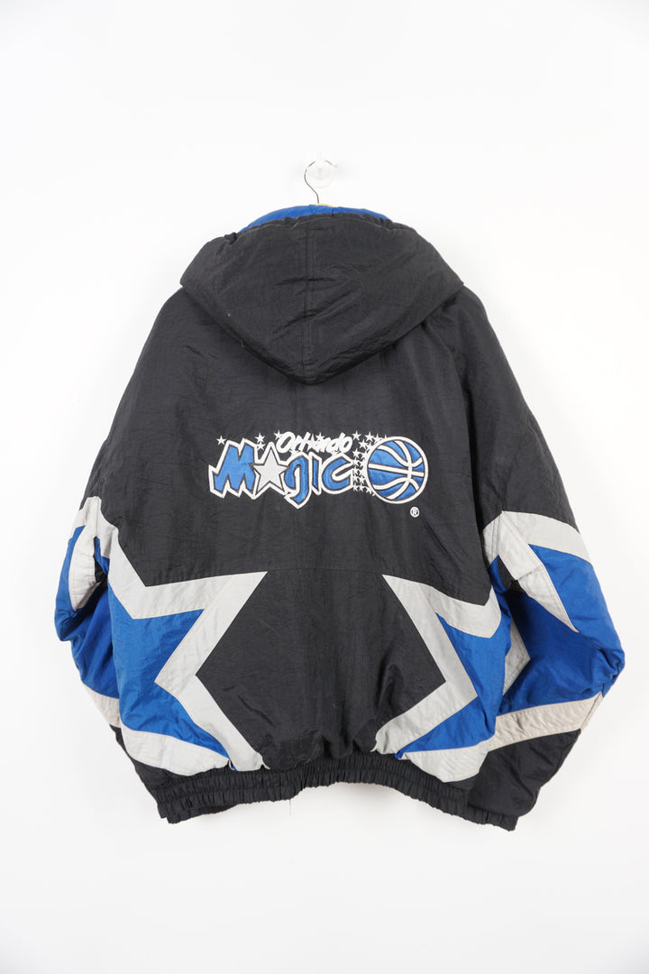 Starter Orlando Magic NBA Pro-Sport full zip hooded jacket. Embroidered team name and logos on front and back. good condition, few marks and slight discolouration on lighter parts of jacket Size in Label: M 