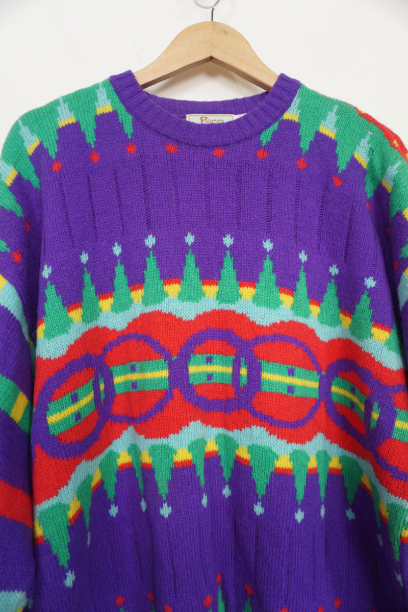 Vintage PACO bright purple patterned crewneck wool jumper