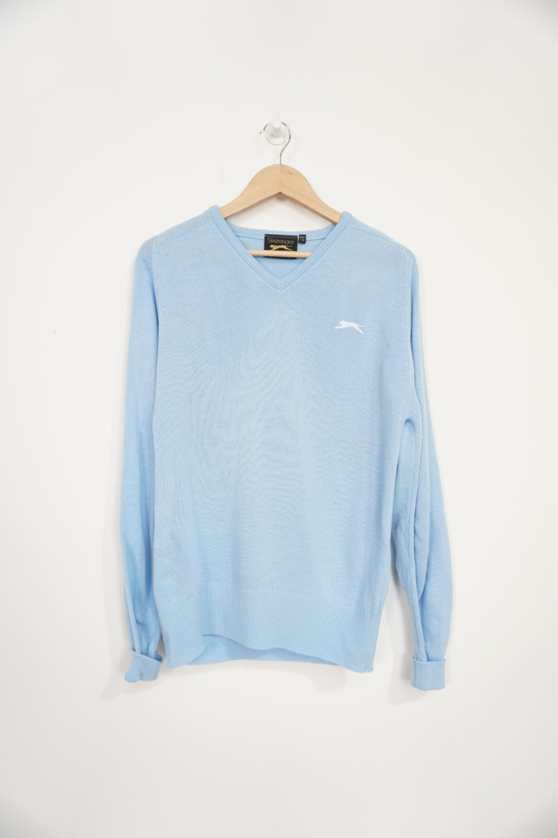 Vintage baby blue Slazenger v neck wool jumper with white embroidered logo on the chest