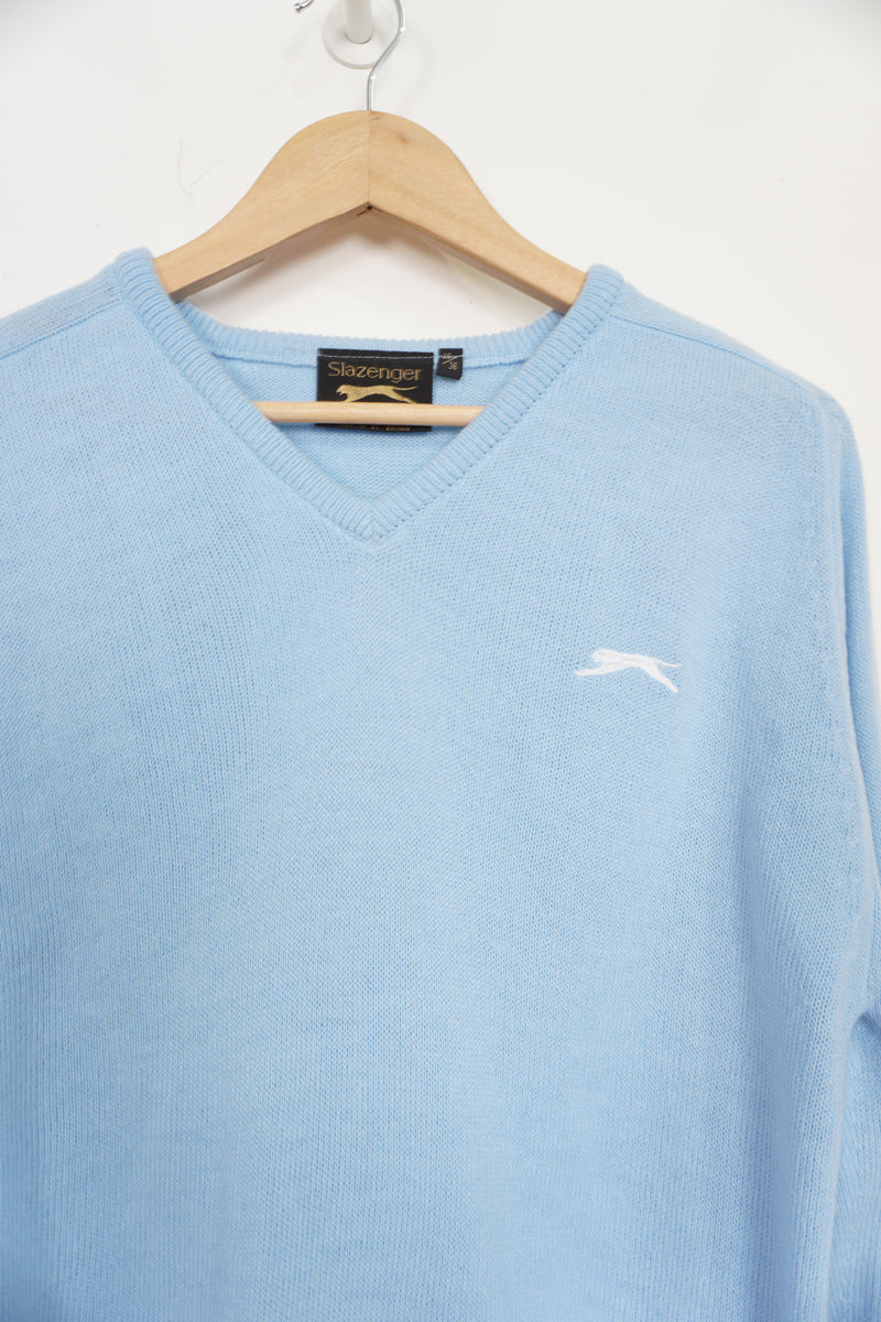 Vintage baby blue Slazenger v neck wool jumper with white embroidered logo on the chest