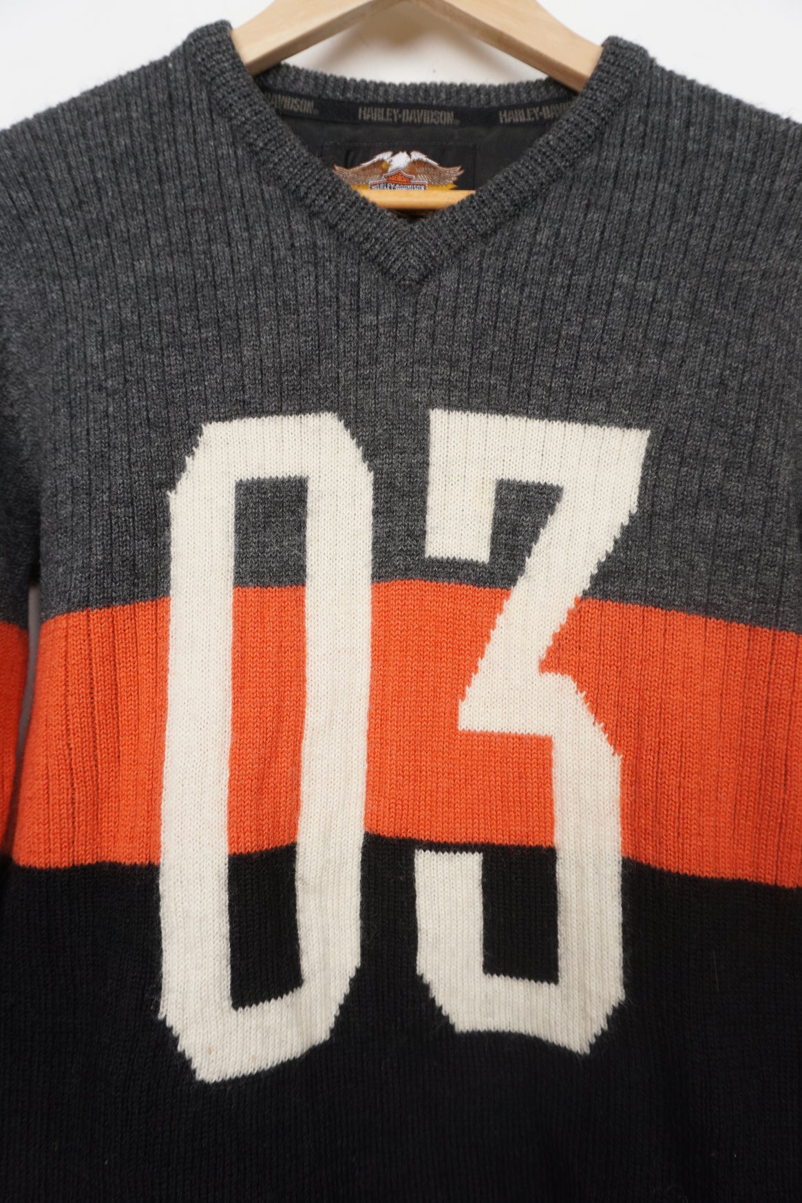 Harley Davidson striped knitted spell-out jumper 