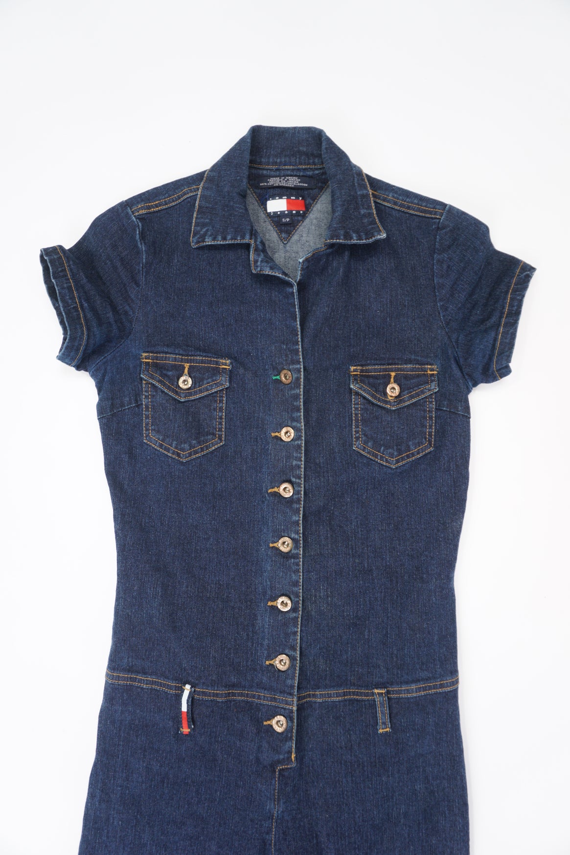 Vintage Tommy Hilfiger button up denim jumpsuit with signature Tommy flag on the belt loop