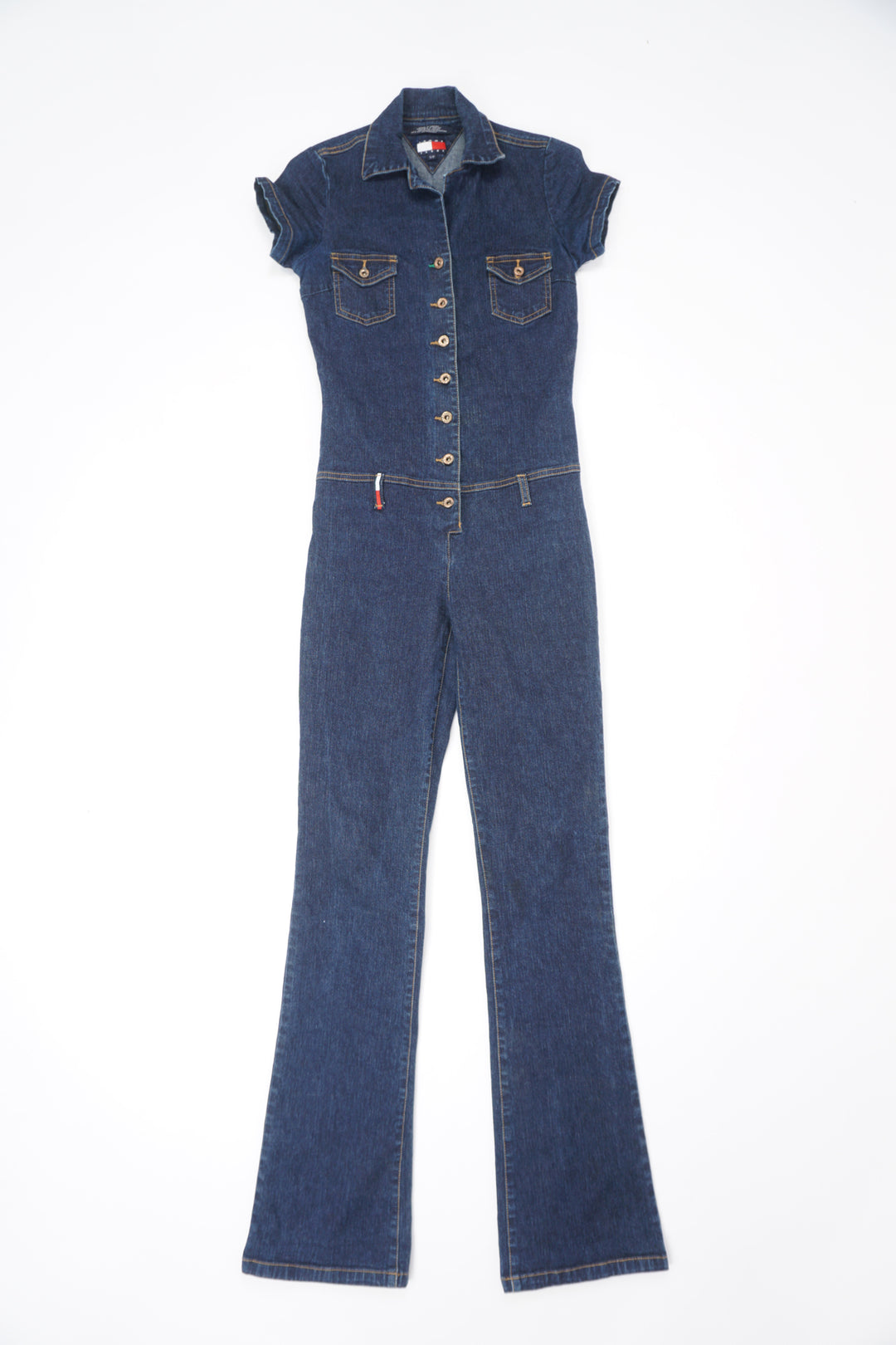 Vintage Tommy Hilfiger button up denim jumpsuit with signature Tommy flag on the belt loop