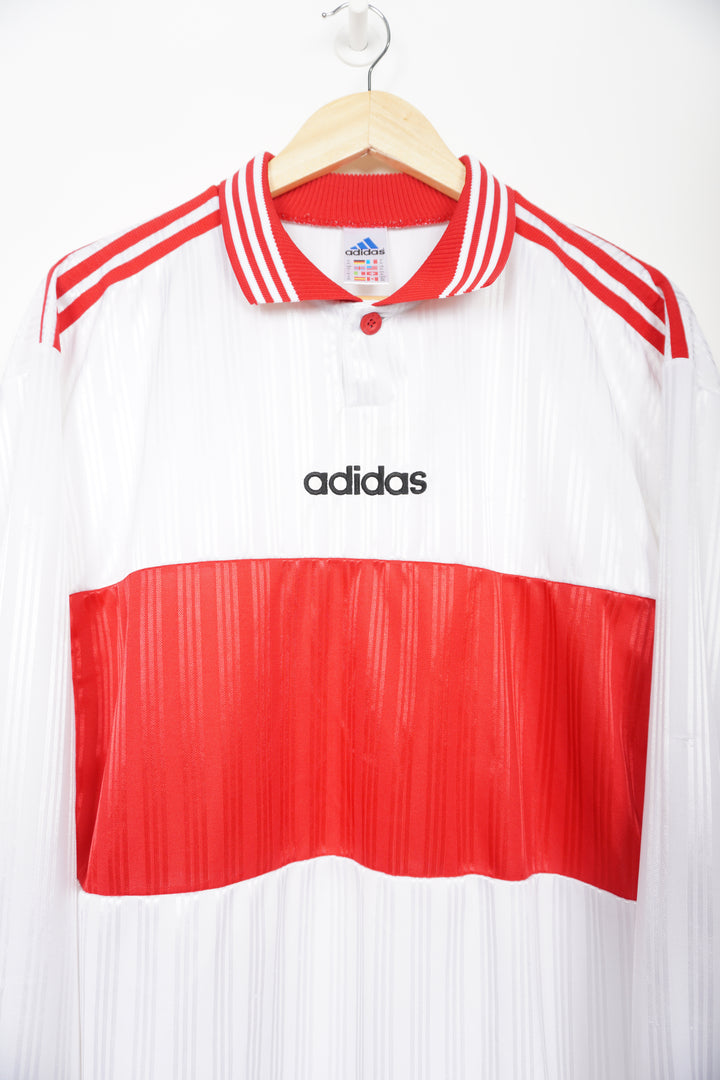 Vintage red and white Adidas long sleeve training shirt with embroidered logo