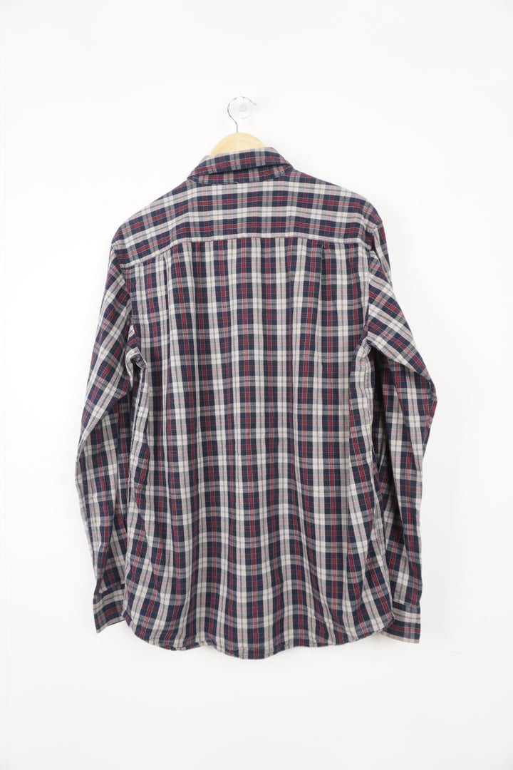 Carhartt navy blue and red relaxed fit checked button up shirt with branded chest pocket