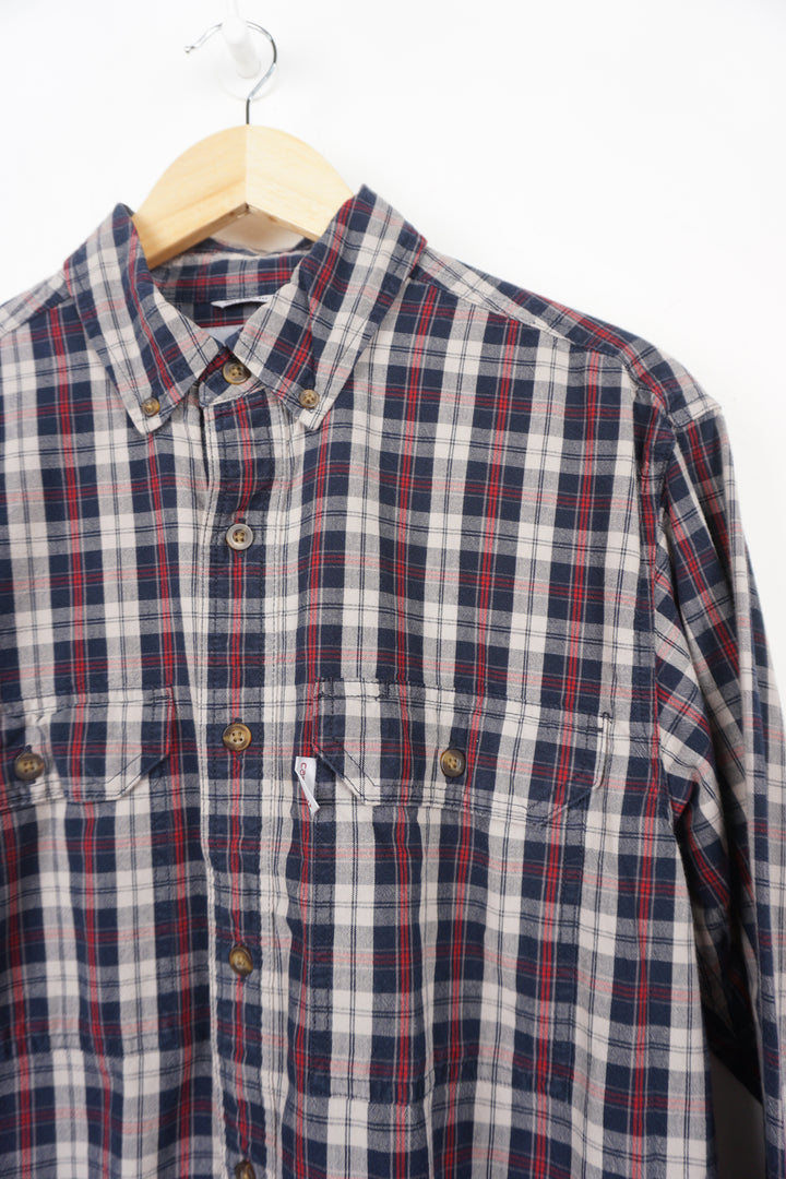 Carhartt navy blue and red relaxed fit checked button up shirt with branded chest pocket