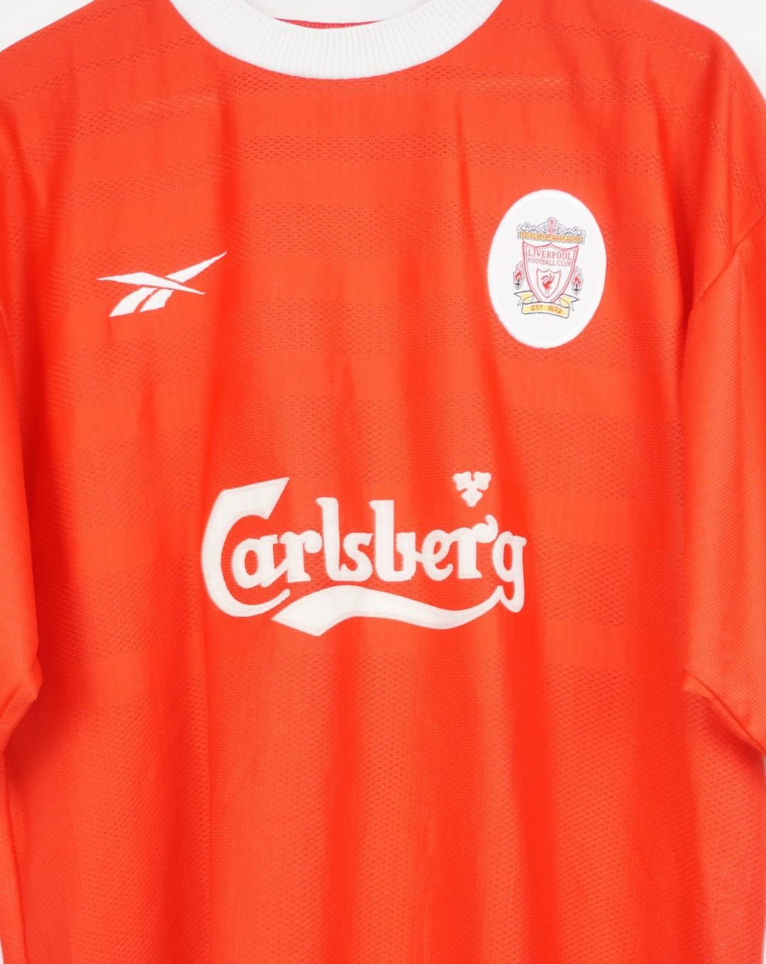 Vintage 1998-00 Liverpool F.C football shirt with embroidered badges and raised sponsor